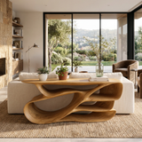 Organic Wooden Console Table With Hollow Compartments For Living Decor