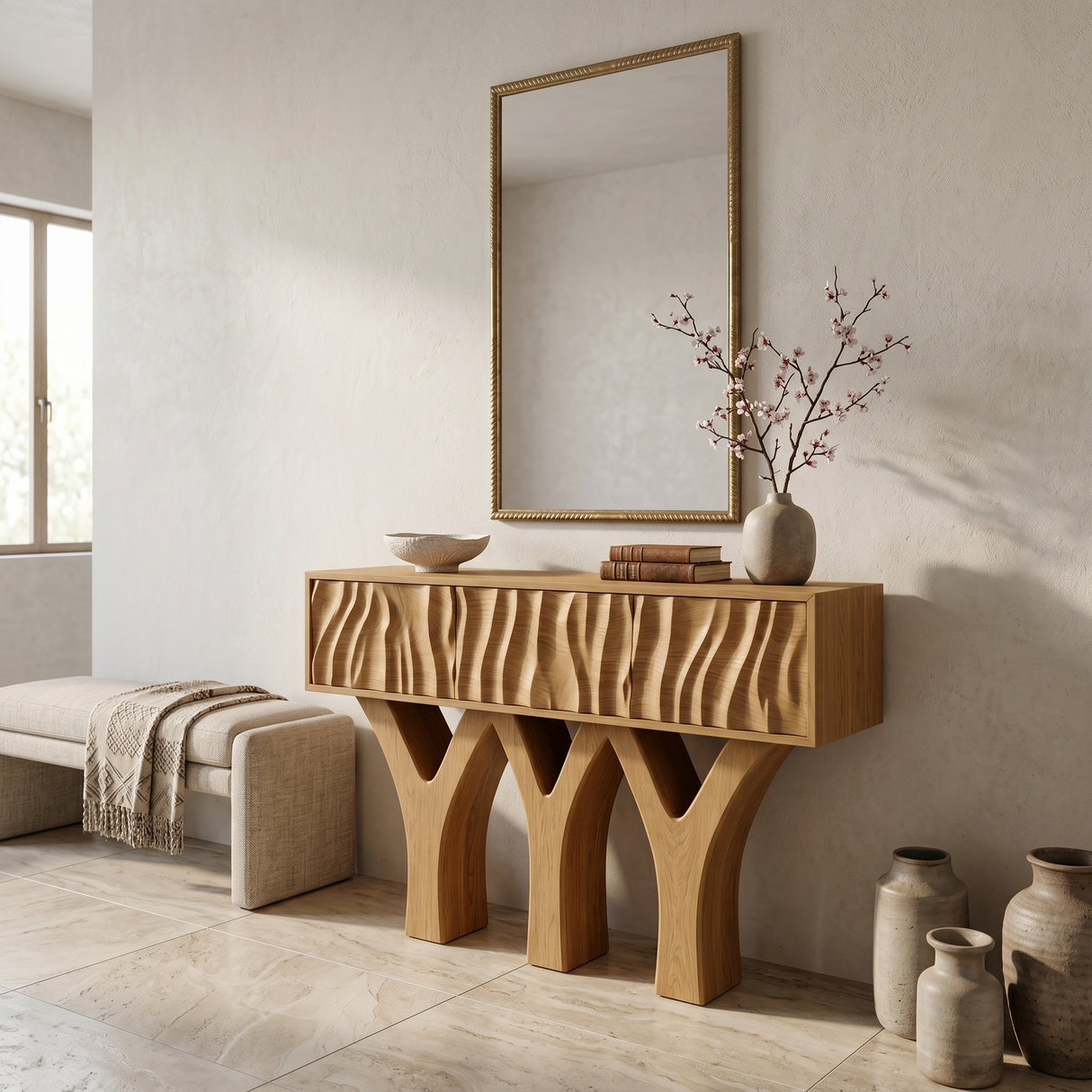 Wooden Console Table With Three Y-shaped Base For Home Decor