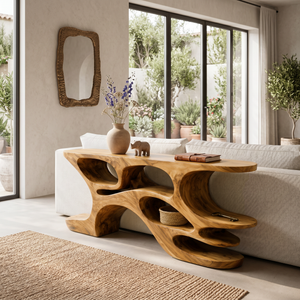 Artistic Wooden Console Table With Cutout Shelves For Home Decor