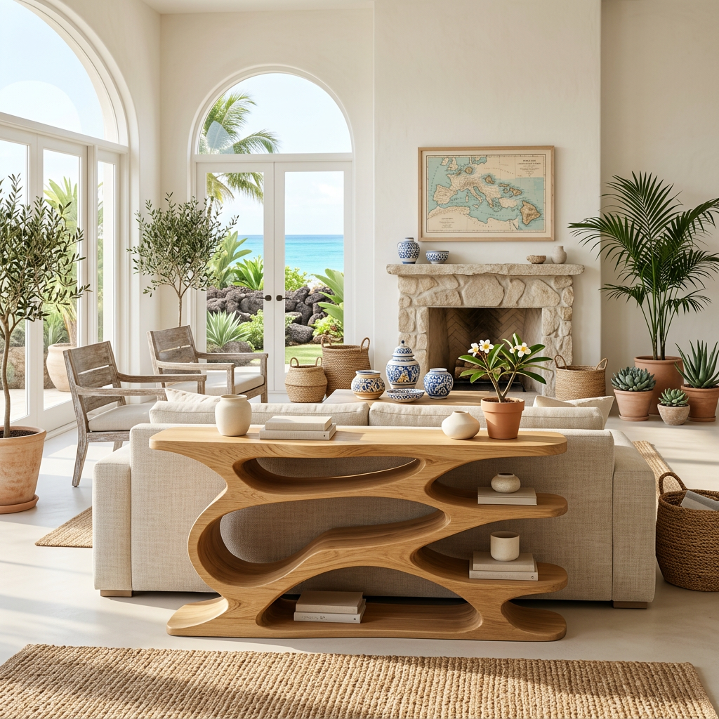 Rustic Wooden Console Table With Curved Open Storage For Living