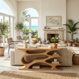 Rustic Wooden Console Table With Curved Open Storage For Living