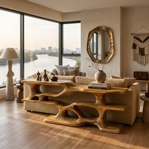 Wooden Console Table With Sculptural Open Shelves For Living