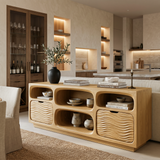 Sculptural Wooden Console Table With Shelves For Modern Living Room