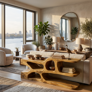 Modern Wooden Console Table With Flowing Open Storage For Home