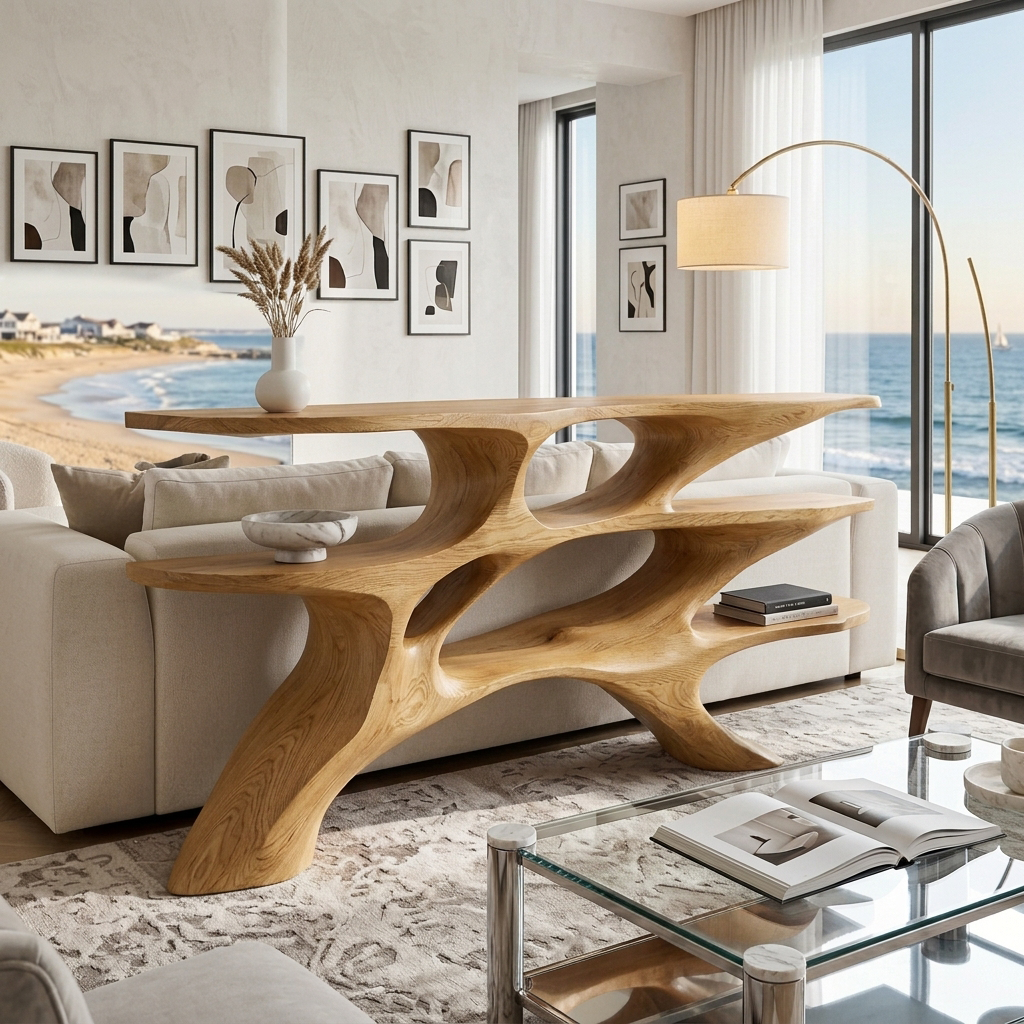 Minimalist Sculptural Wooden Console Table For Living Room
