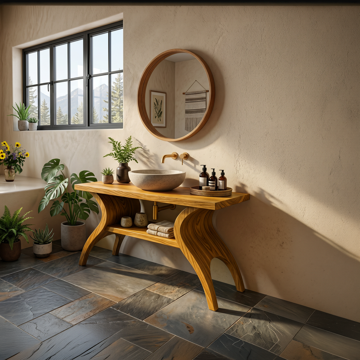 Organic Wooden Bathroom Vanity With Open Towel Shelf For Bath