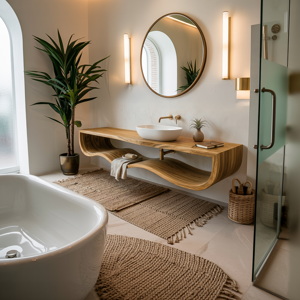 Wood Bathroom Vanity With Floating Wave Shelf For Modern Bath