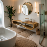 Wood Bathroom Vanity With Floating Wave Shelf For Modern Bath