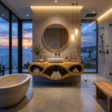 Organic Bathroom Vanity With Oval Open Shelves For Spa Bathroom