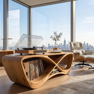 Contemporary Curved Wooden Record Player Console For Living Room