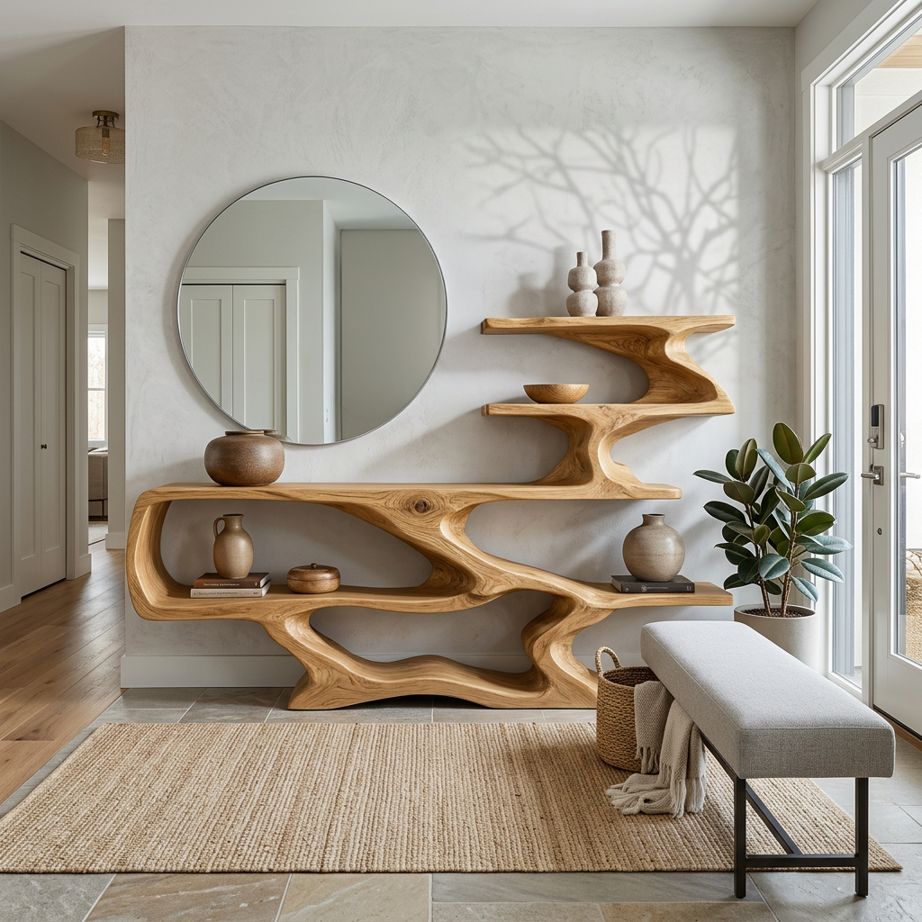 Modern Sculptural Wooden Console Table With Open Shelves For Interior