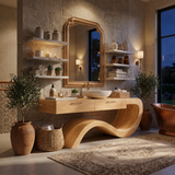 Modern Wood Bathroom Vanity With Sculptural Wave Base For Bath