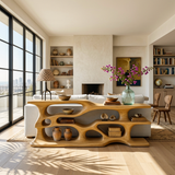Wooden Console Table With Sculptural Open Shelves For Living