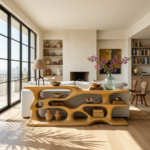 Wooden Console Table With Sculptural Open Shelves For Living