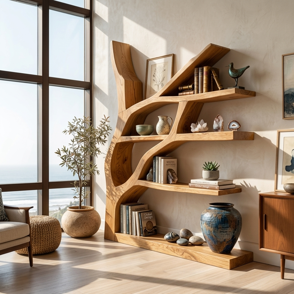 Contemporary Wooden Bookshelf Sculptural Shape For Living Room