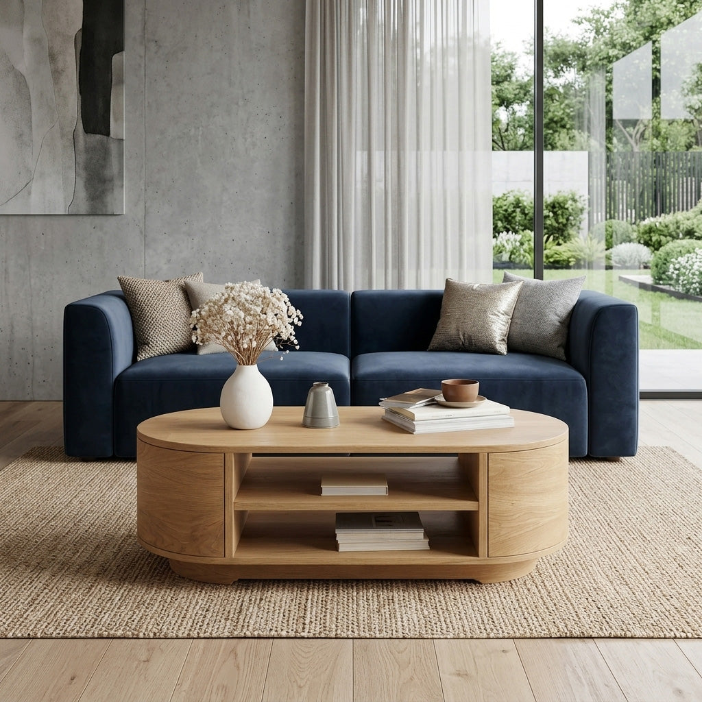 Modern Oval Coffee Table With Open Shelves For Living Room