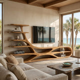 Organic Natural Wood TV Stand With Floating Shelves For Home