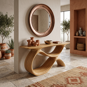 Modern Wooden Console Table With Curved Open Storage For Home