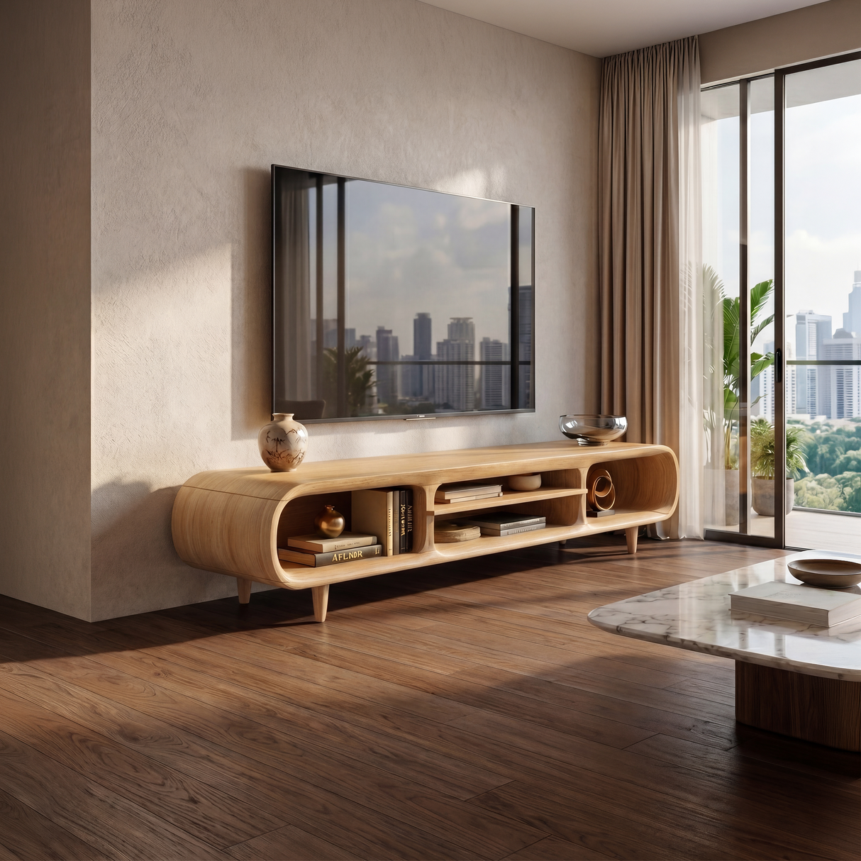 Minimalist Curved TV Stand For Apartment Space