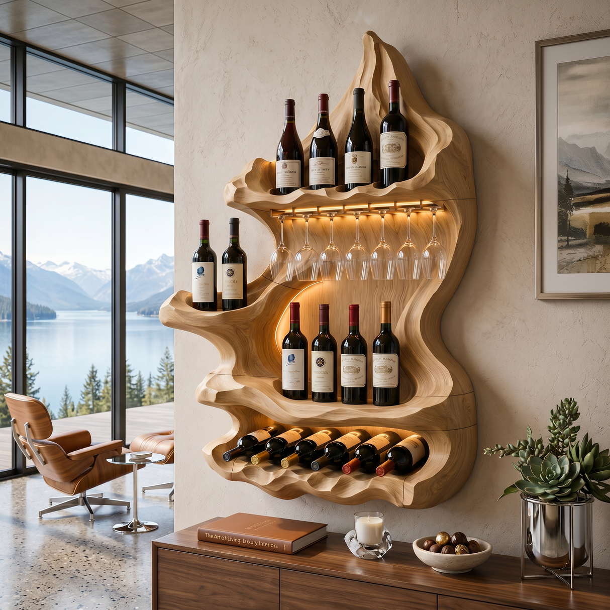 Organic Mountain Inspired Wine Shelf For Lounge Area