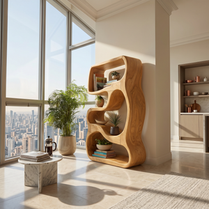 Minimalist Wooden Bookshelf Featuring Curved Side Panels