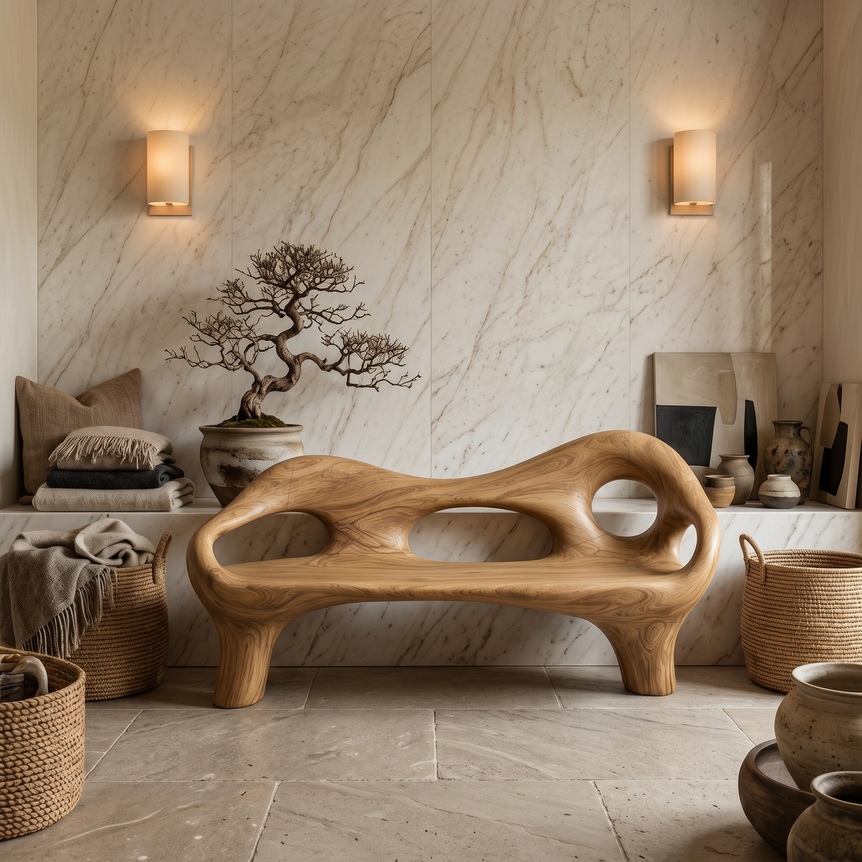 Modern Entryway Bench With Hollow Sculpture Arms For Hallway