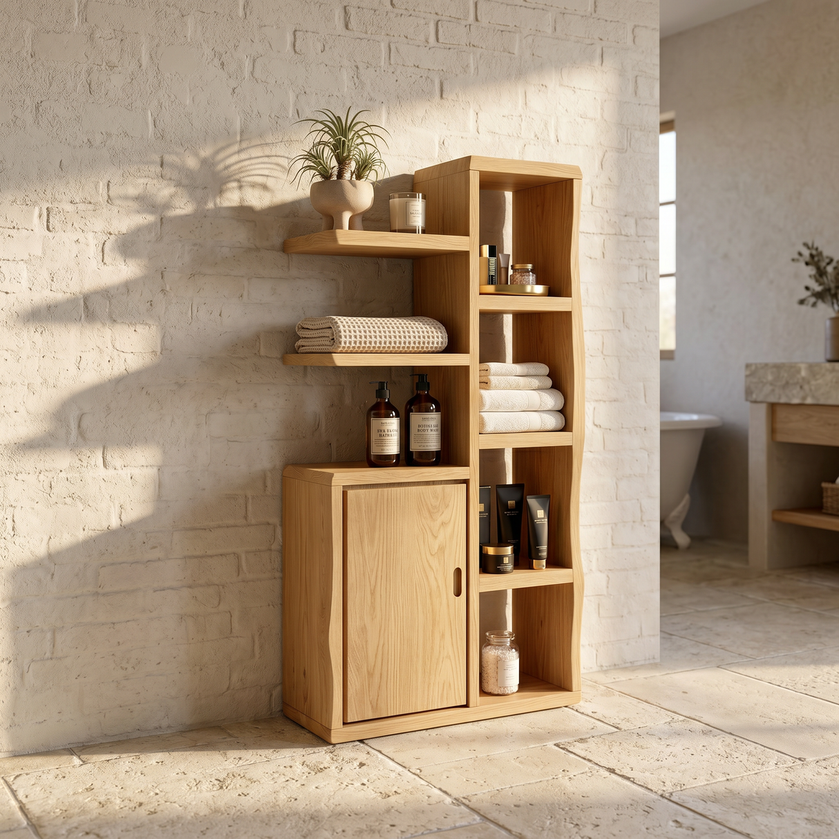 Japandi Open Shelf Storage Cabinet Wellness Suite