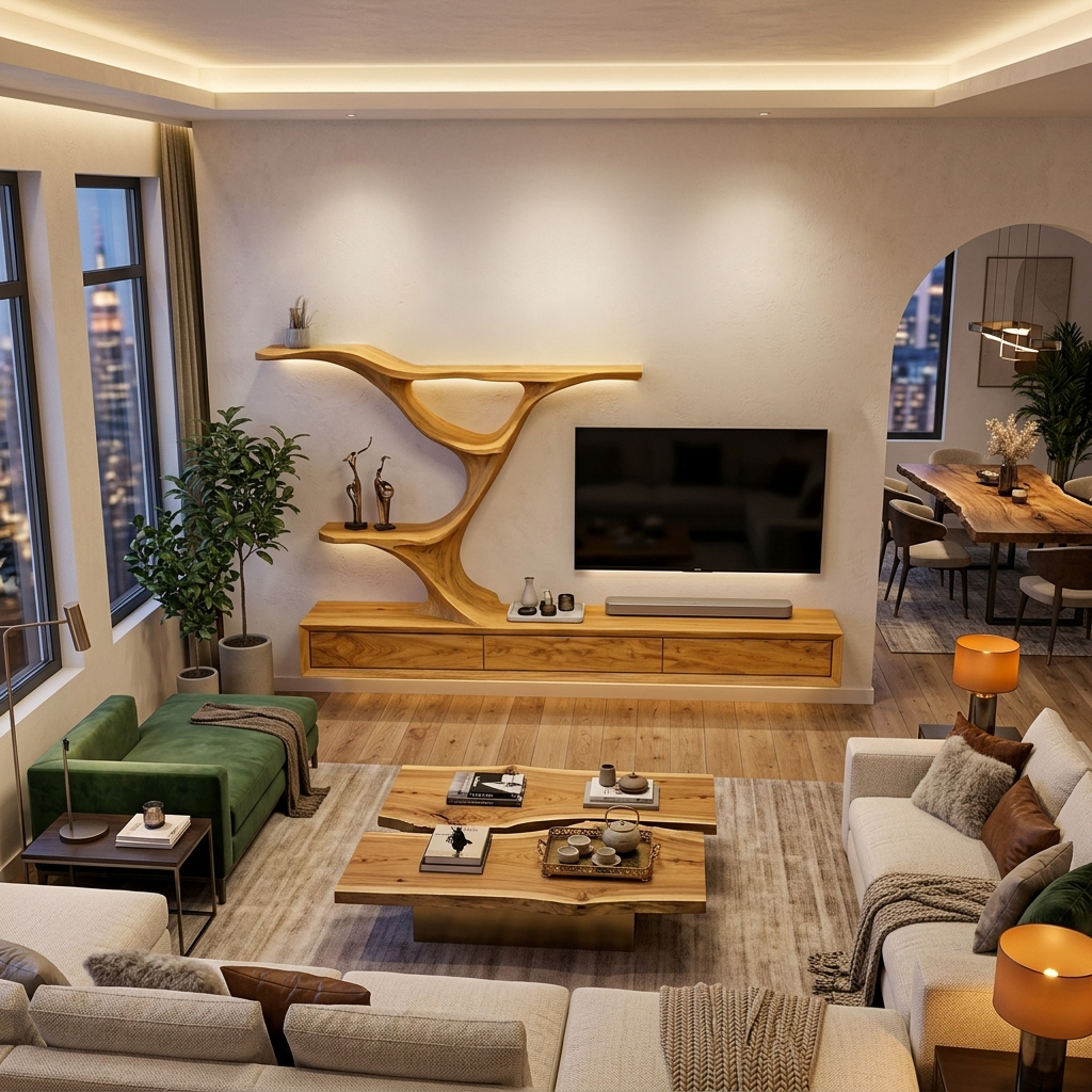 Wooden Floating TV Stand With Side Branch-shaped Storage For Living