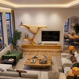 Wooden Floating TV Stand With Side Branch-shaped Storage For Living