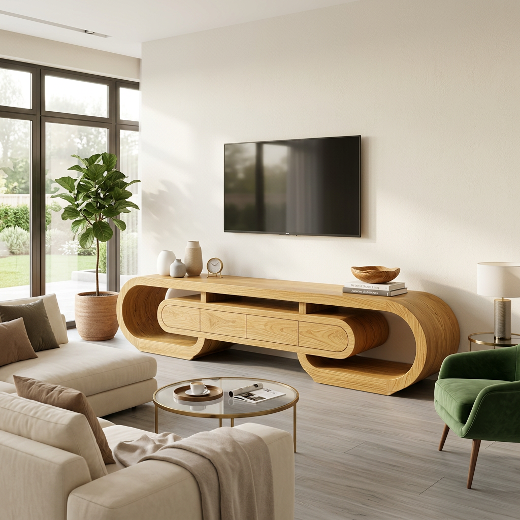 Modern Wood TV Cabinet Curved Design With Drawers For Living