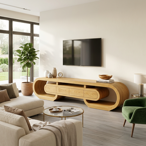Modern Wood TV Cabinet Curved Design With Drawers For Living