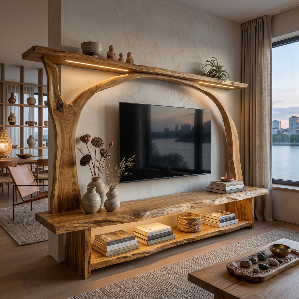 Wooden TV Cabinet With Sculptural Branch Frame For Modern Living