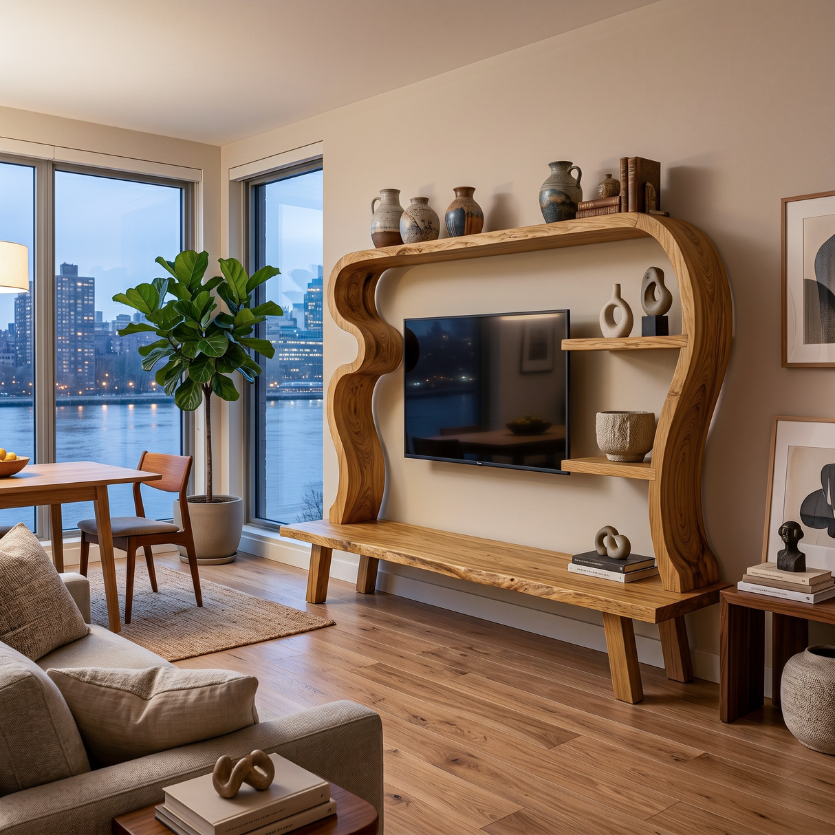 Wood TV Stand With Undulating Frame For Living Room Decor