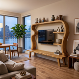 Wood TV Stand With Undulating Frame For Living Room Decor