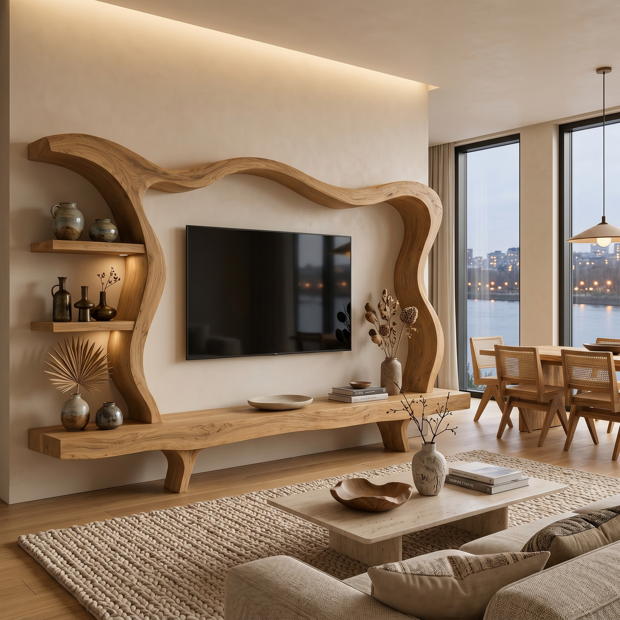 Modern Wood TV Stand With Flowing Frame For Home Decor