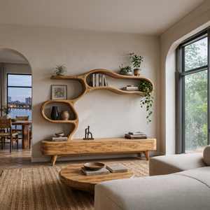 Organic Modern Wood TV Cabinet With Flowing Shelving For Living