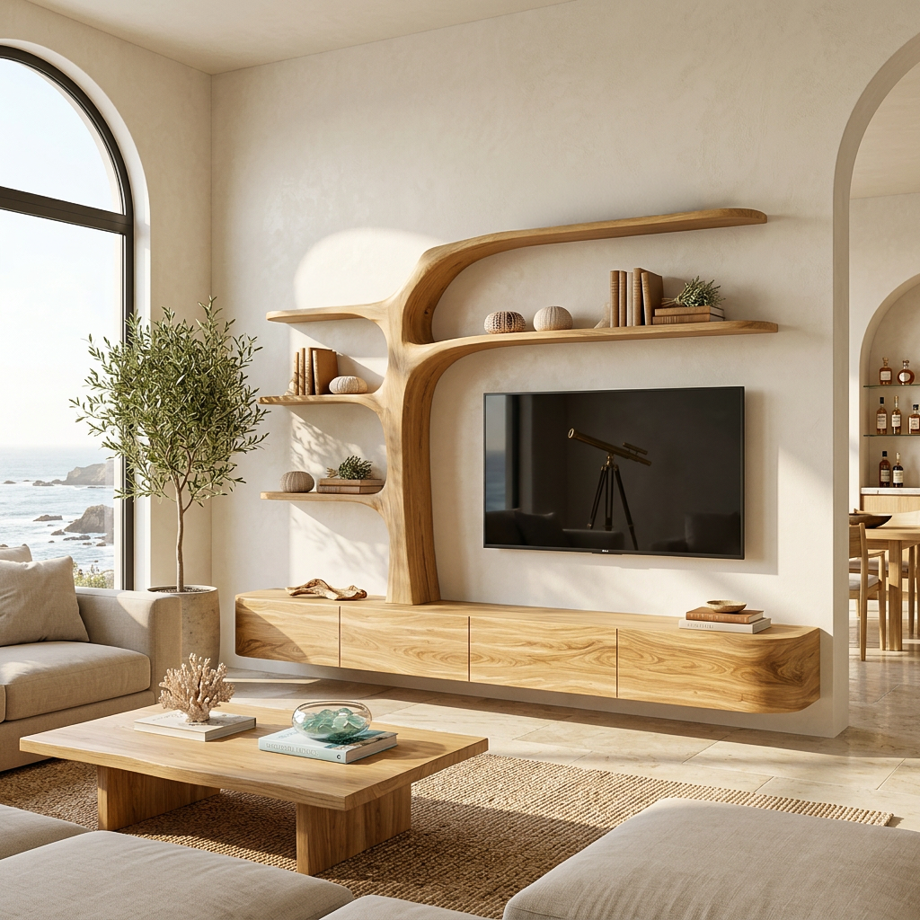 Handcrafted TV Cabinet With Multi-Branch Shelves For Living Room