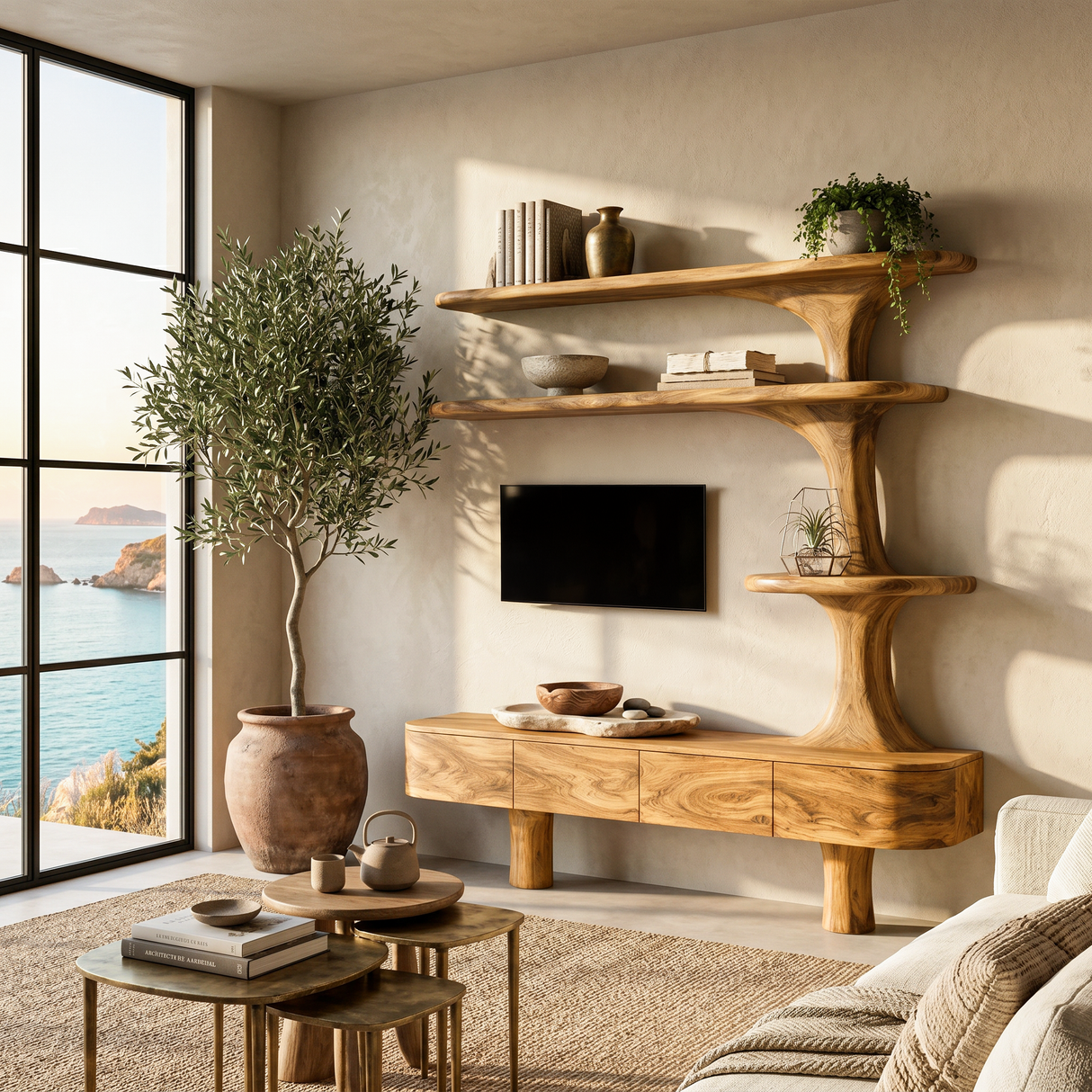 Rustic Wood TV Cabinet With Sculptural Display Shelves For Home