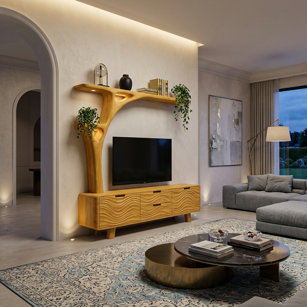 Contemporary Wood TV Cabinet With Curved Shelf For Living Storage