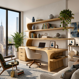 Sculptural Wood Desk With Curved Shelving And Drawer For Office