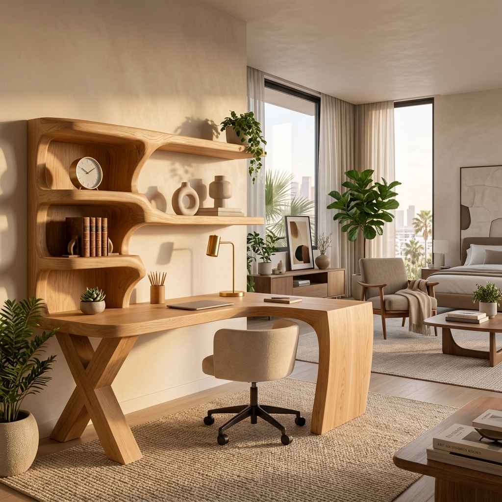 Contemporary Wood Desk With Curved Bookshelves For Home Office