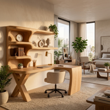 Contemporary Wood Desk With Curved Bookshelves For Home Office