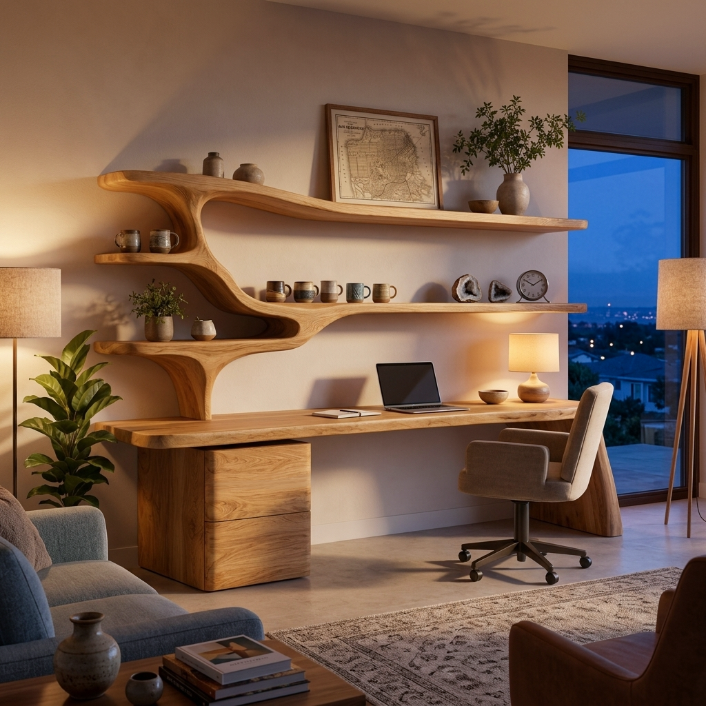 Contemporary Wood Desk With Sculptural Bookshelves For Workspace