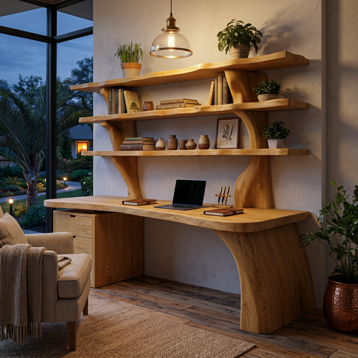 Organic Wood Desk With 3-Tier Integrated Bookshelf For Study Room