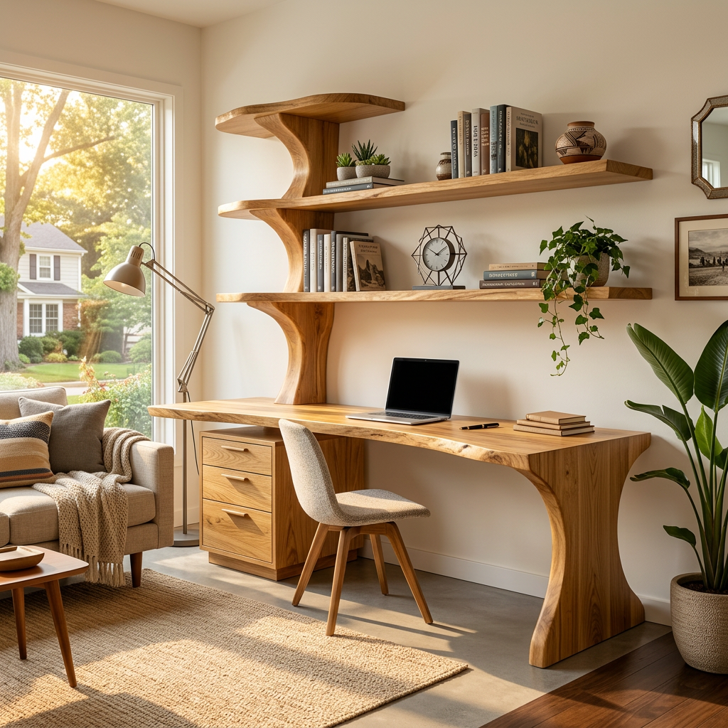 Modern Wooden Desk With Built In Bookshelves For Office Decor