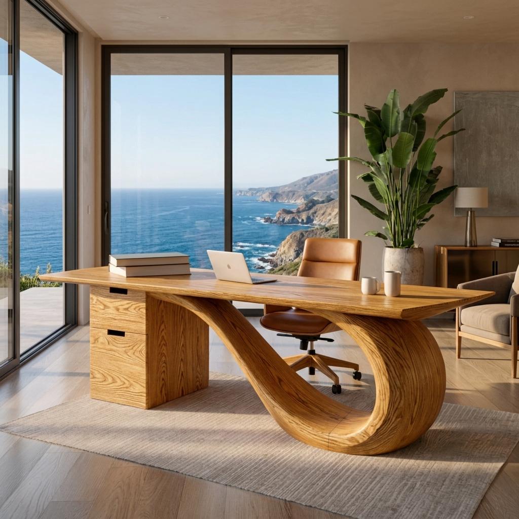 Modern Wooden Desk With Curved Base For Office