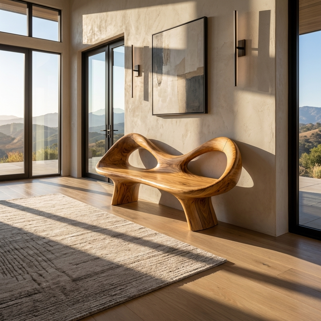 Organic Bench With Hollow Sculpture Backrest For Luxury Interiors