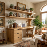 Wooden Desk With Integrated Shelving And Drawer For Contemporary Office
