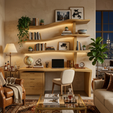 Wooden Desk With Curved Bookshelves And Drawers For Luxury Workspace