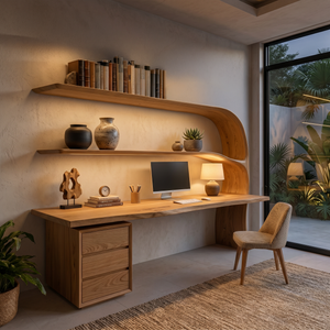 Organic Desk With Curved Shelf And Drawer For Study Room